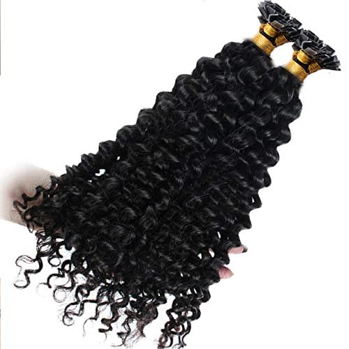 RJ HAIR Long Kinky Curly Flat Tip Human Hair Extensions Flat Tip Keratin Hair Extensions 100strands Fusion Pre Bonded Human Hair Natural Color (28nch 100 strand, 2(Darkest Brown))