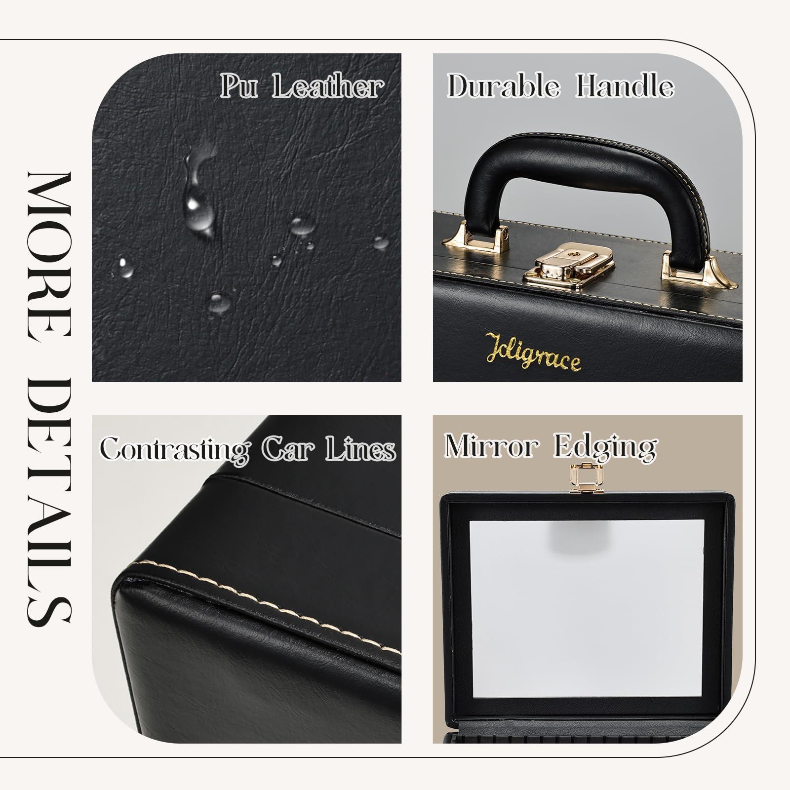 Joligrace Joligrace Travel Makeup Case, Travel Makeup Organizer Case with Mirror, Makeup Train Case Leather Portable Makeup Box Storage Bag,with Adjustable Dividers & Brush Holder (Black)