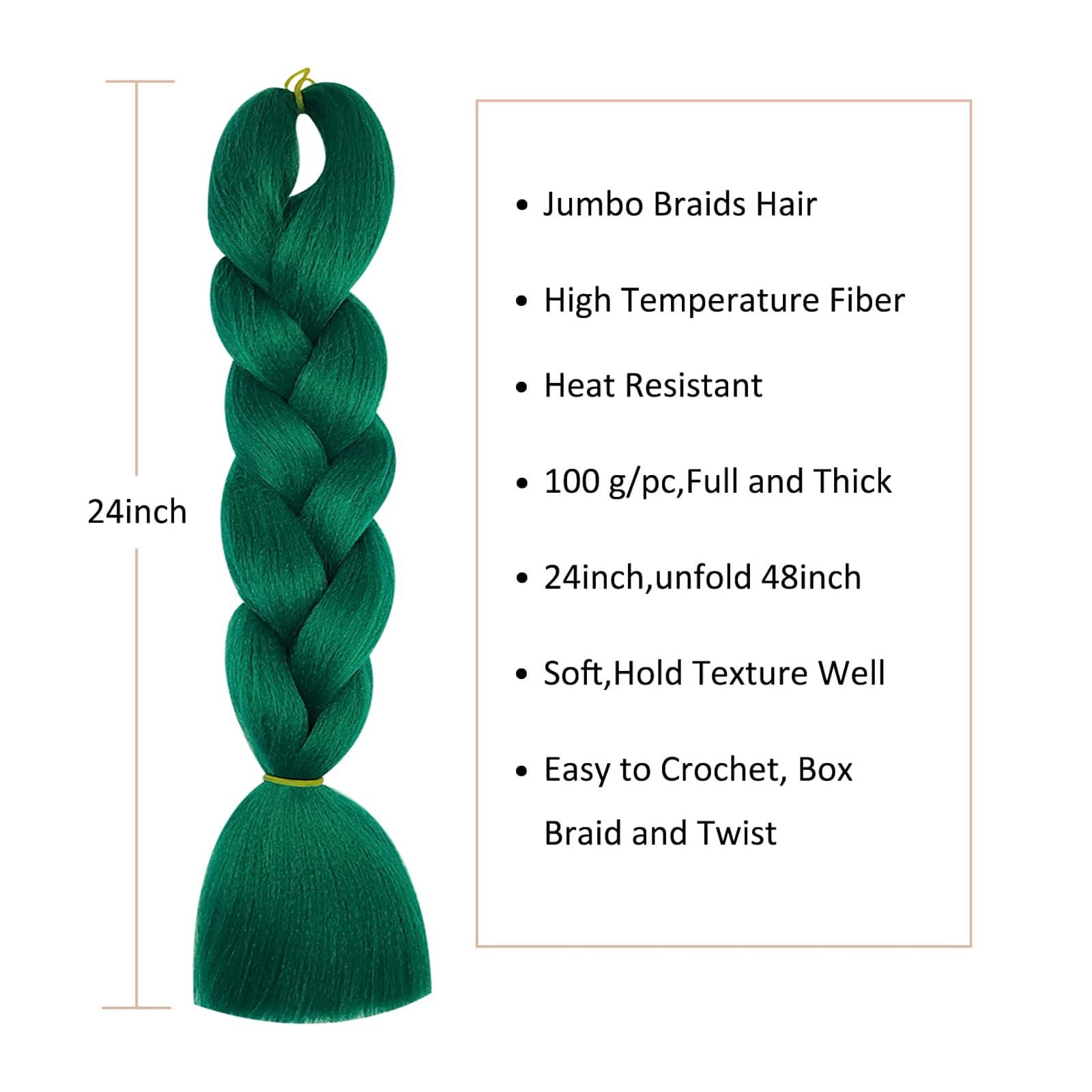 Herina Herina Dark Green Hair Extensions 3pcs Green Braiding Hair For Fake Braids High Temperature Jumbo Braiding Hair For Braids(3pcs/pack)