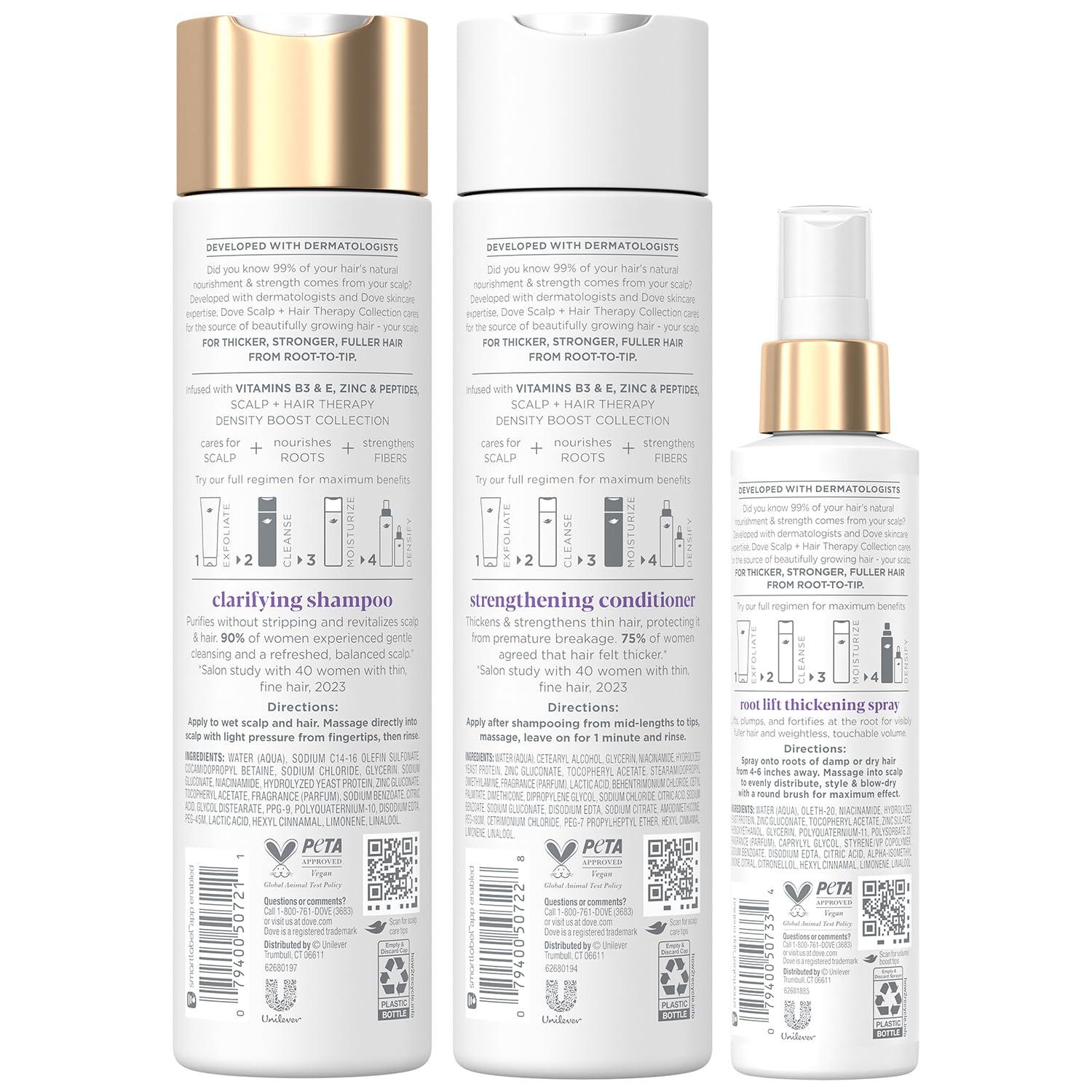 Dove Dove Scalp + Hair Therapy Bundle Density Boost Clarifying Shampoo and Strengthening Conditioner + Root Lift Thickening Spray with Vitamins B3 & E, Zinc & Peptides (3 Piece Set)