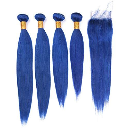 Tony beauty hair Tony Beauty Hair Dark Blue Brazilian Straight Weaves Human Hair 4 Bundles and Closure Pure Blue Virgin Hair Closure with Bundles Navy Blue Hair Extensions with Lace Closure (12 12 12 12 with 10)