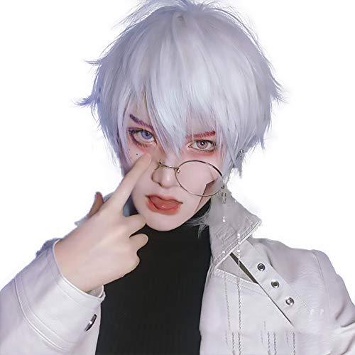 WYH Human Hair Wigs Mens Wig Cosplay Costume Fluffy Wavy Wigs White Wig Synthetic Hair Fancy Dress Stylish Party Youngs Freetress Wigs (Color : White)