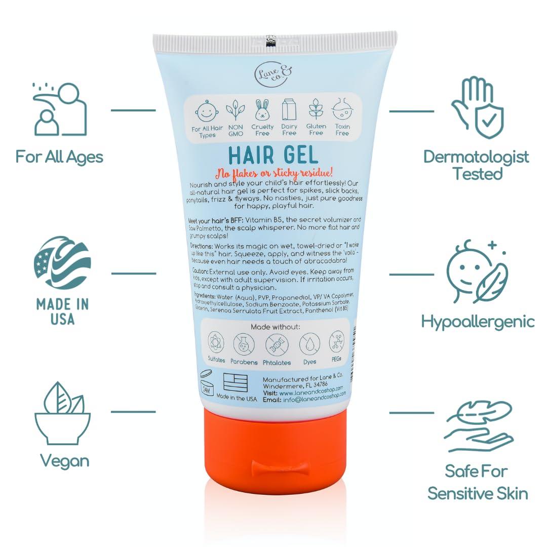 LANE & CO. LANE & CO. Baby Hair Gel - Hypoallergenic Kids Hair Gel - Flexible Medium to Firm Hold - Tames Flyaways, Frizz, Static Hair - Tested by Dermatologists - Suitable for Children Ages 0 & Up - 4 fl.oz.