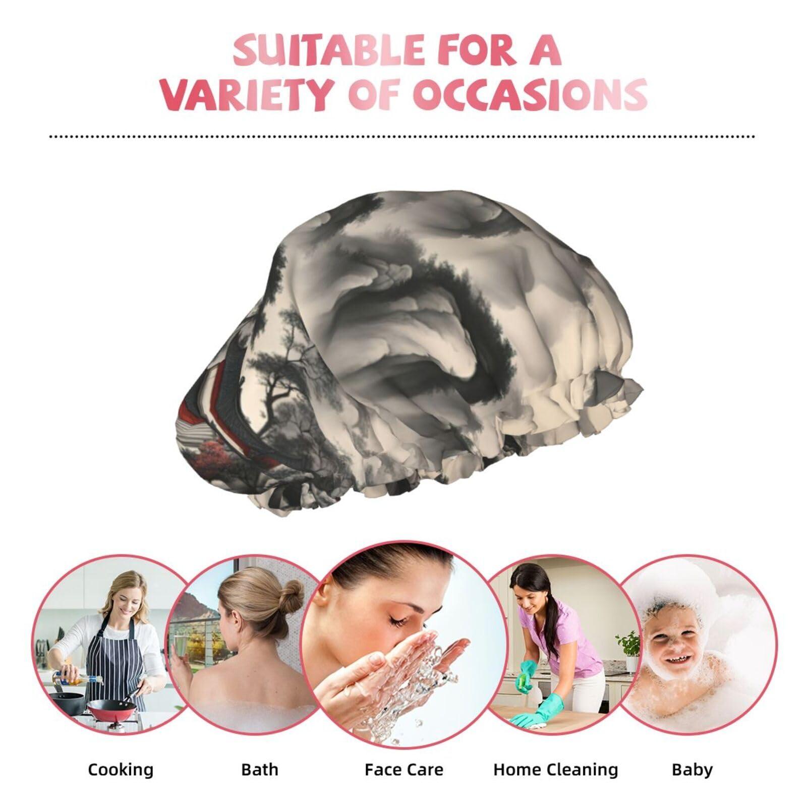 QHWLR Cap For And Women Stylish Shower Capslandscape Paintingprint With Reusable Waterproof Bathing Shower Hat For Ladies