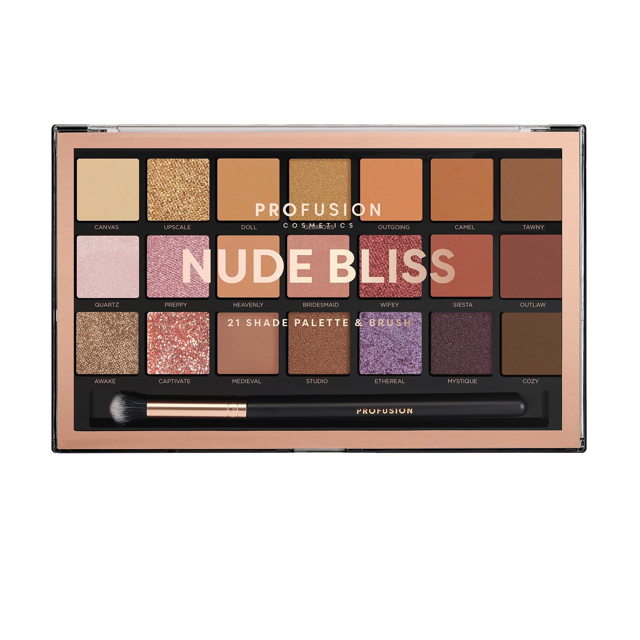 Profusion Cosmetics Profusion Cosmetics Nude Bliss 21 Shade Eyeshadow Palette and Pro Series Brush, Unleash Creativity and Get Glam With Richly Pigmented Eyeshadow, Luxurious and Versatile Makeup Kit for Stunning Looks