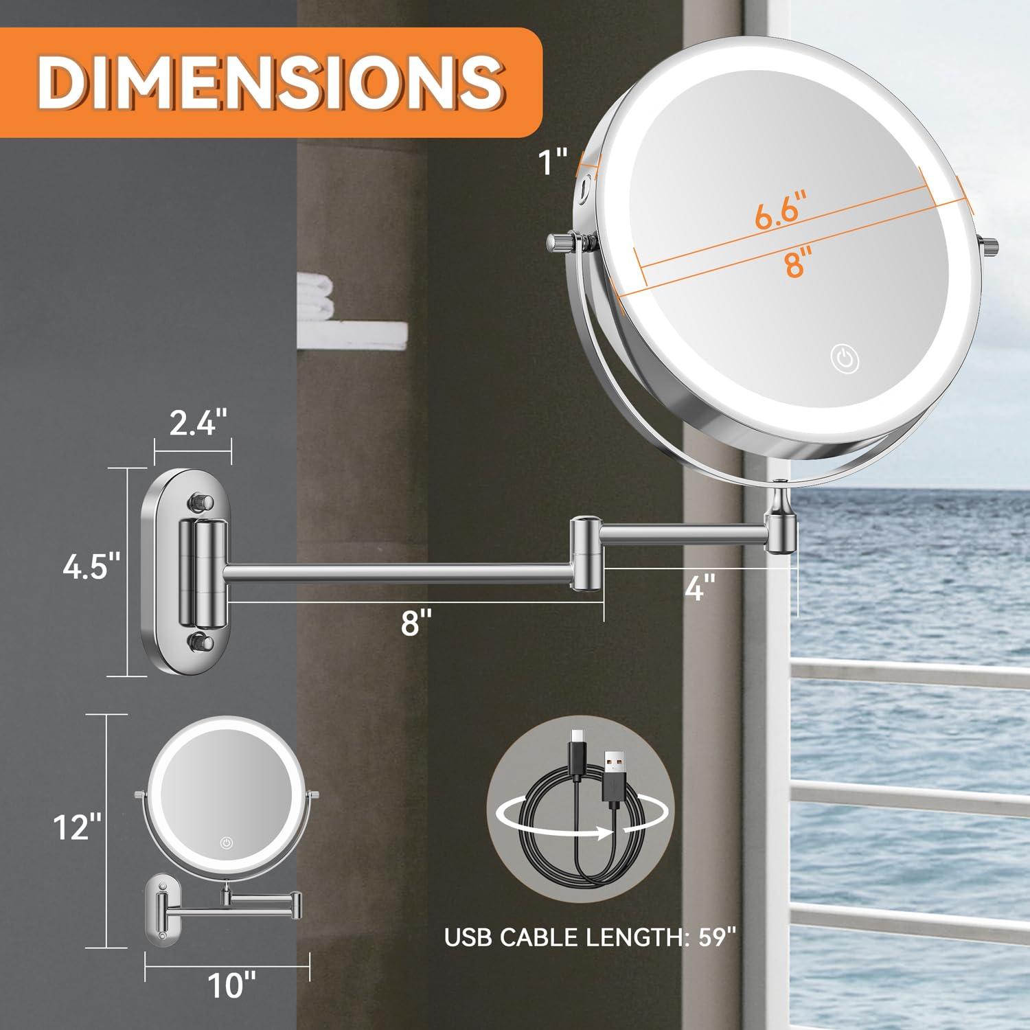 Auxmir 1X/20X Wall Mounted Makeup Mirror with Light, 8\" Double-Sided Magnifying Mirror, 3 Color Lights Touch Dimmable Vanity Mirror with 360 Extension Rotation Foldable 14.5 Inch Arm for Bathroom