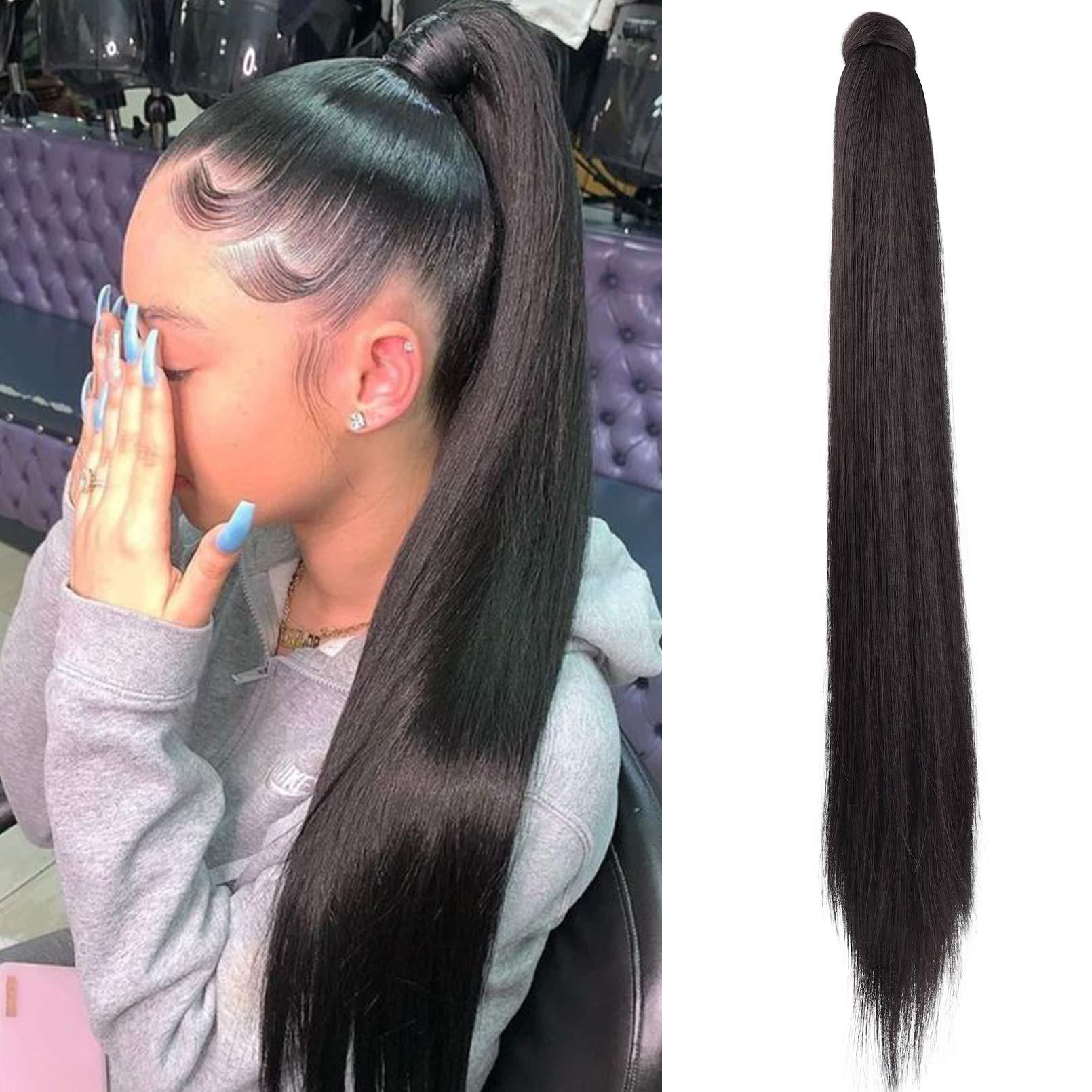 SEIKEA SEIKEA Ponytail Extension Clip in Wrap Around Long Straight Pony Tail Hair Synthetic Hairpiece for Women 30 Inch Color Black Brown