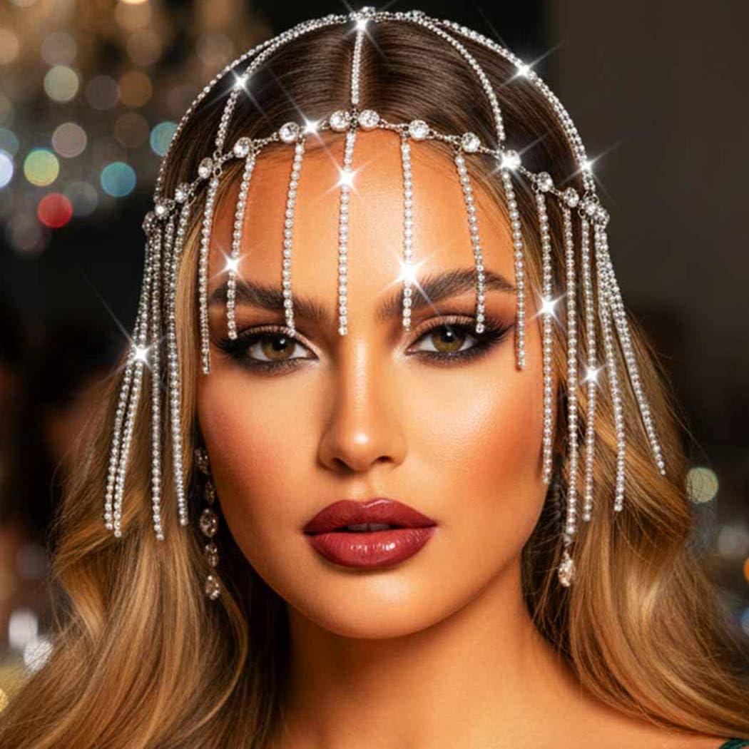 Aukmla Aukmla Rhinestones Head Chain 1920s Flapper Headpiece Cap Crystal Headband Hair Chains Roaring 20s Wedding Hair Accessories for Women and Girls