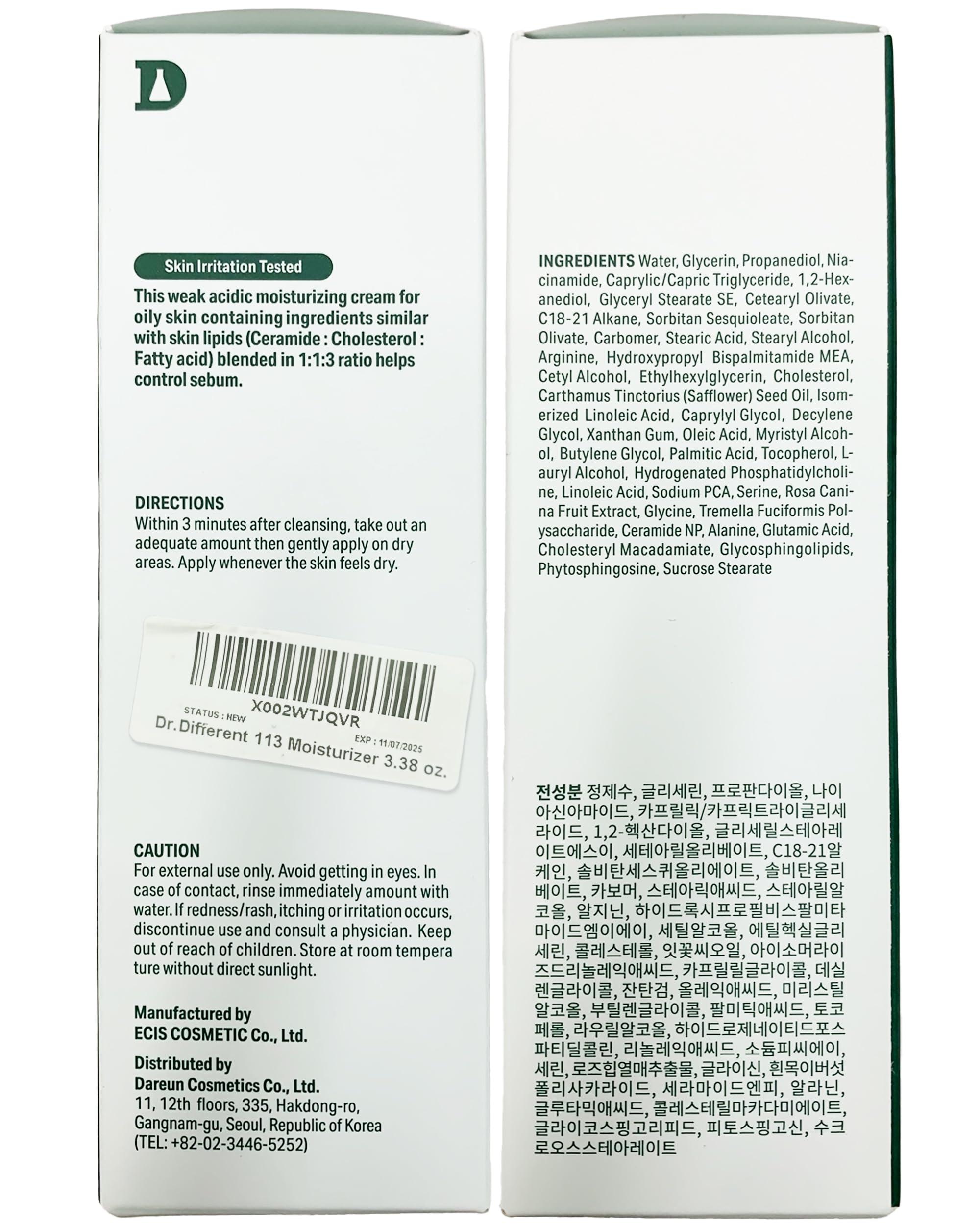 Dr.Different Dr.Different 113 Moisturizer - Sebum Control Face Moisturizer for Oily Skin, Pore Reducing and Trouble Care, Hypoallergenic Moisturizing and Soothing Facial Cream, 3.38 oz.