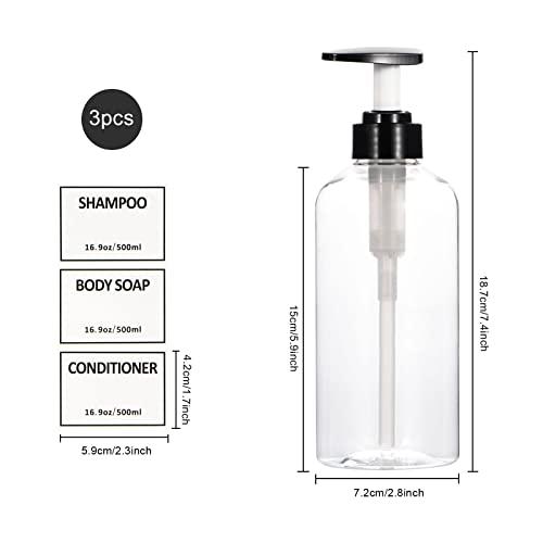 Yeeco Clear Shampoo and Conditioner Bottles,Yeeco Shampoo Pump Bottle Shampoo Bottles Dispenser with Waterproof Labels 16.9oz/500ml 3 Pack for Shampoo and ConditionerBathroom, Kitchen, Hotel