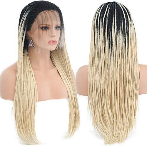 CHENG RUO Hair Cap+26'' Braided Lace Wigs Ombre Blonde Hair with BLack Roots for Women Synthetic Heat Resistant Long Braided Wigs Glueless Half Hand Tied Blonde Micro Braids Lace Front Wig