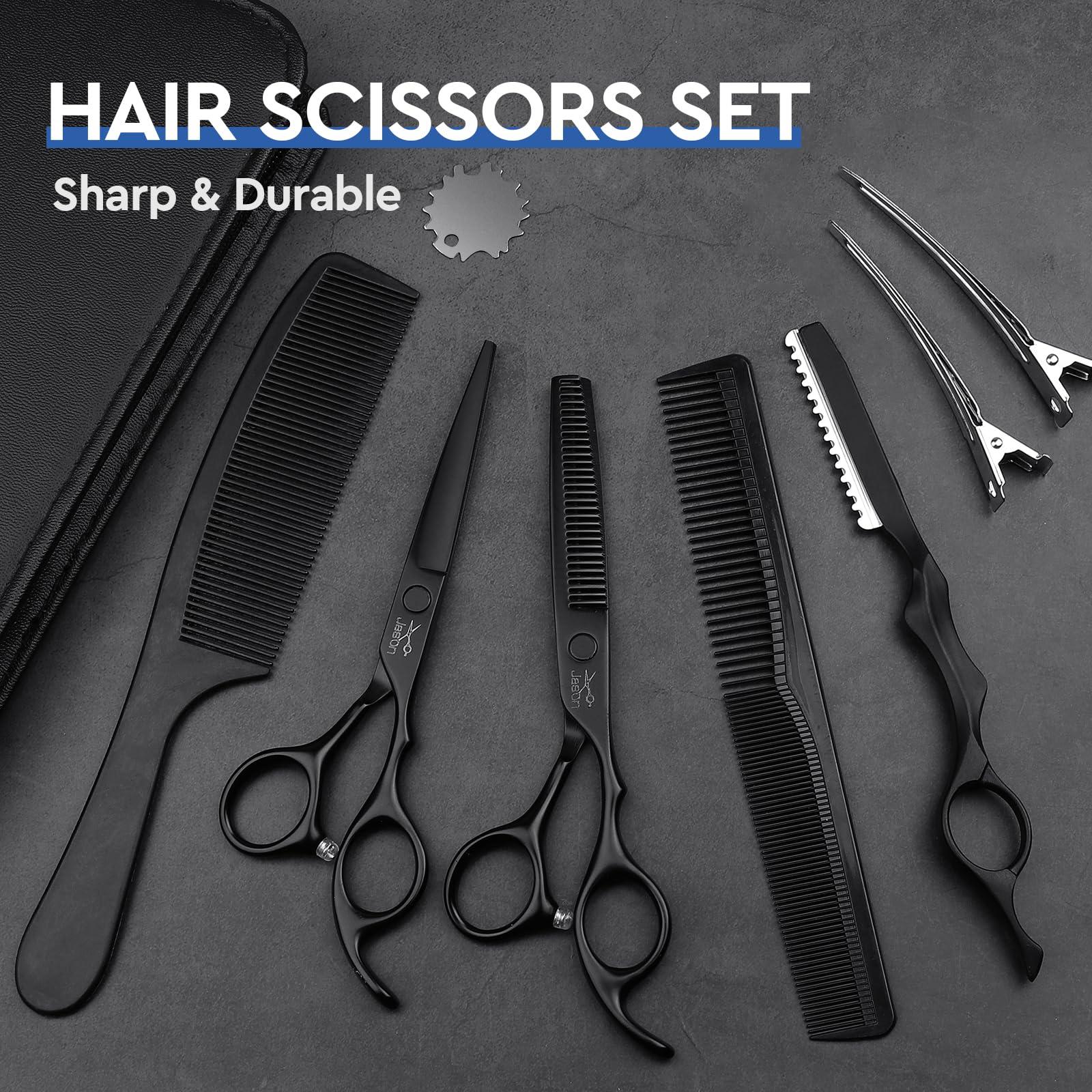 JASON JASON Hair Cutting Scissors Set - Professional 10 PCS Haircut Scissors kit, Thinning Blender Scissors, Straight Shears with 30 Teeth for Men Women Home Salon Barber (6.5\", Black)