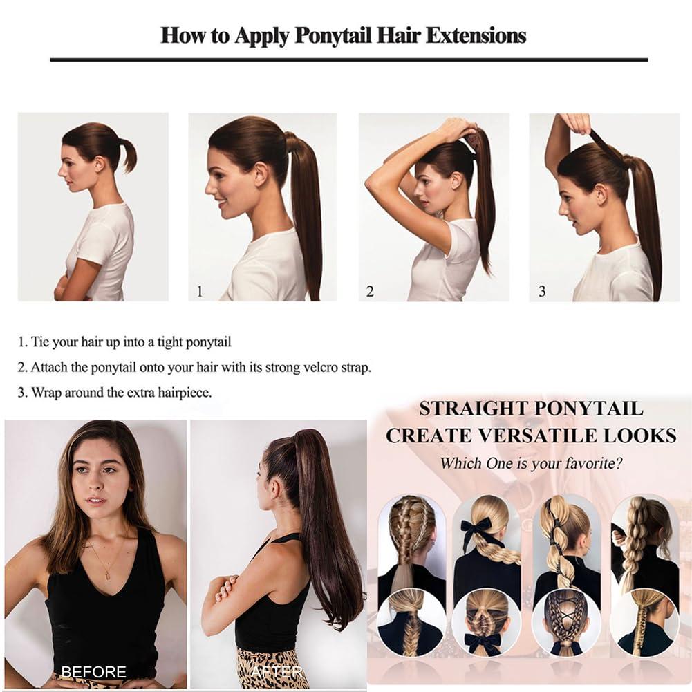Kiss darling LASHES Long Straight Ponytail Extension 24 Inch Wrap Around Medium Black Ponytail Human Hair Magic Paste with 2 Clips in Hairpiece for Women 200g, 4 Chocolate Brown