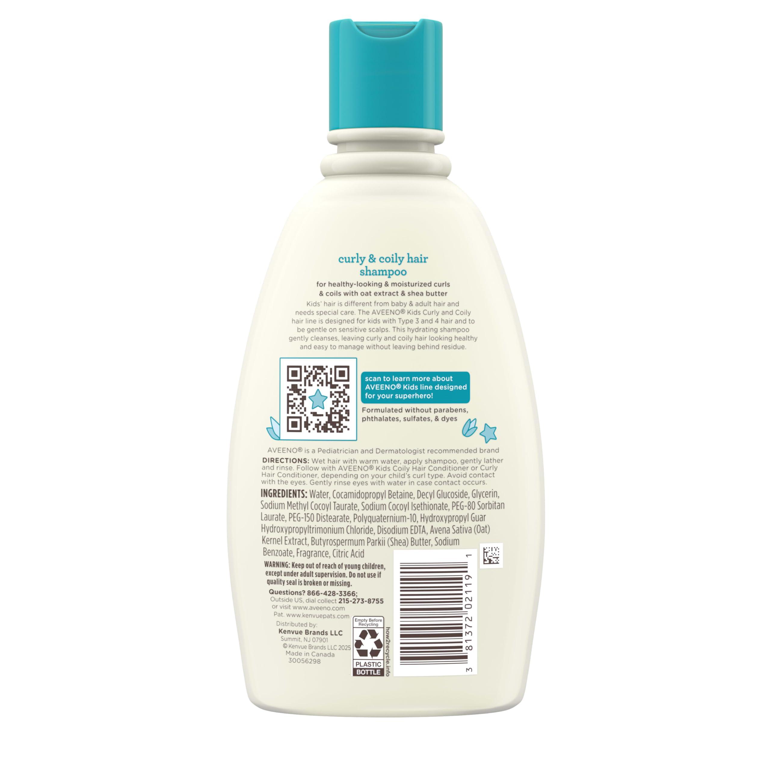 Aveeno Baby Aveeno Kids Curly & Coily Hair Shampoo, Hydrating Shampoo for Type 3 & 4 Hair, Kids Curly Hair Products suitable for Sensitive Scalps with Oat Extract & Shea Butter, Paraben-Free, 12 fl. oz