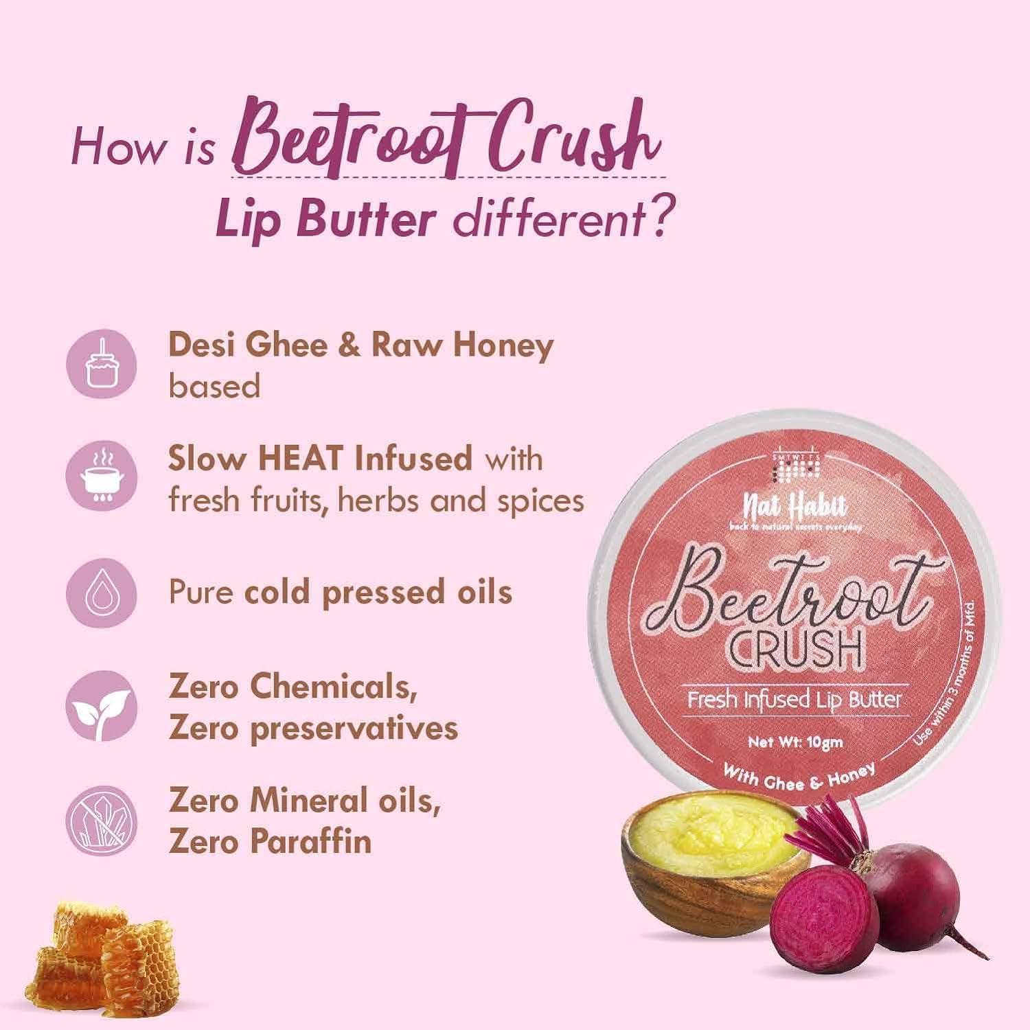 Nat-Habi\'t Generic Lip Balm Fresh Beetroot Crush 0.34 Fl Oz Lip Butter With Desi Ghee & Raw Honey For Natural Pink Lips, Nourishment, Dark And Chapped Lips - (Pack of 1)