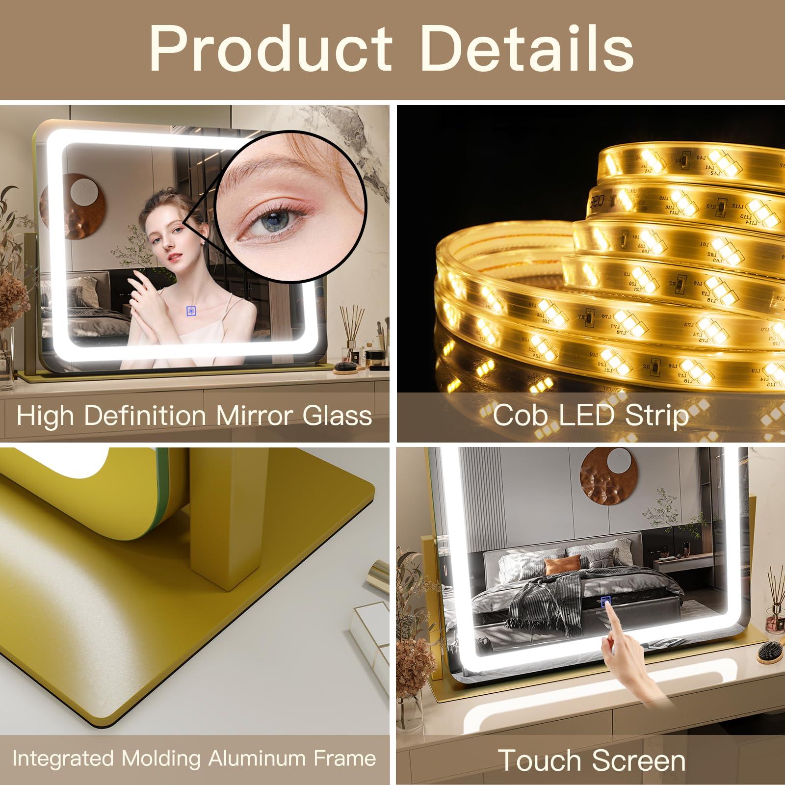 FENNIO FENNIO Gold Vanity Mirror with Lights 22\"x19\", LED Lighted Makeup Mirror, Large Makeup Mirror, Make up Mirror with Lighting,Touch Screen with 3-Color Lighting,Dimmable,for Vanity Desk Tabletop