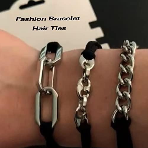 Hair Ties Bracelet With Metal Chain Link Beige Black Elastic