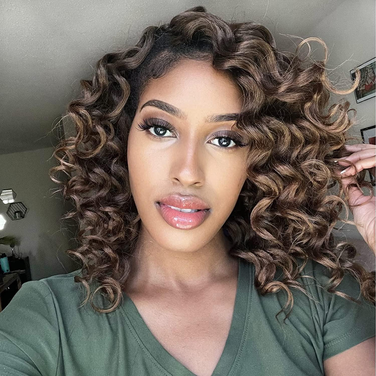 ToyoTree ToyoTree Ocean Wave Crochet Hair - 16 Inch 8 Packs Ombre Brown Mid-Length Curly Deep Wave Crochet Hair, Synthetic Ocean Wave Braiding Hair Extensions (16 Inch,T4/30-8P)