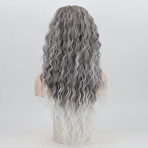Fencca Fencca Grey Long Curly Wig Synthetic Mixed Gray Wave Curly Wigs for Women Free Part Full Curly Wig Layered Long Wavy Grey Wig