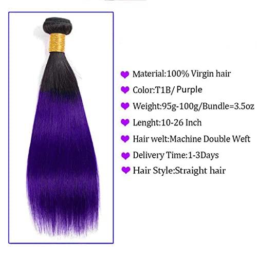 muaowig Purple Human Hair Bundles Ombre Hair Bundles Tow Tone Black to Purple Hair Extensions For Women Brazilian Remy Hair Bundles Purple Bundle 26 28 30 inch