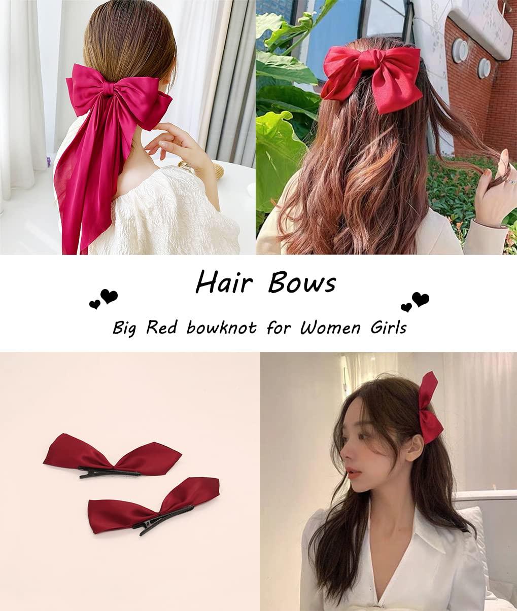 DIKEWEN Red Hair Bow - 5PCS Hair Bows for Women Big Red Bow for Hair Oversized Ribbon Bowknot Hairclip Soft Silky Satin Hair Bow Long Tail Hair Bows Clips French Barrette Hair Accessories Gift for Women Girls