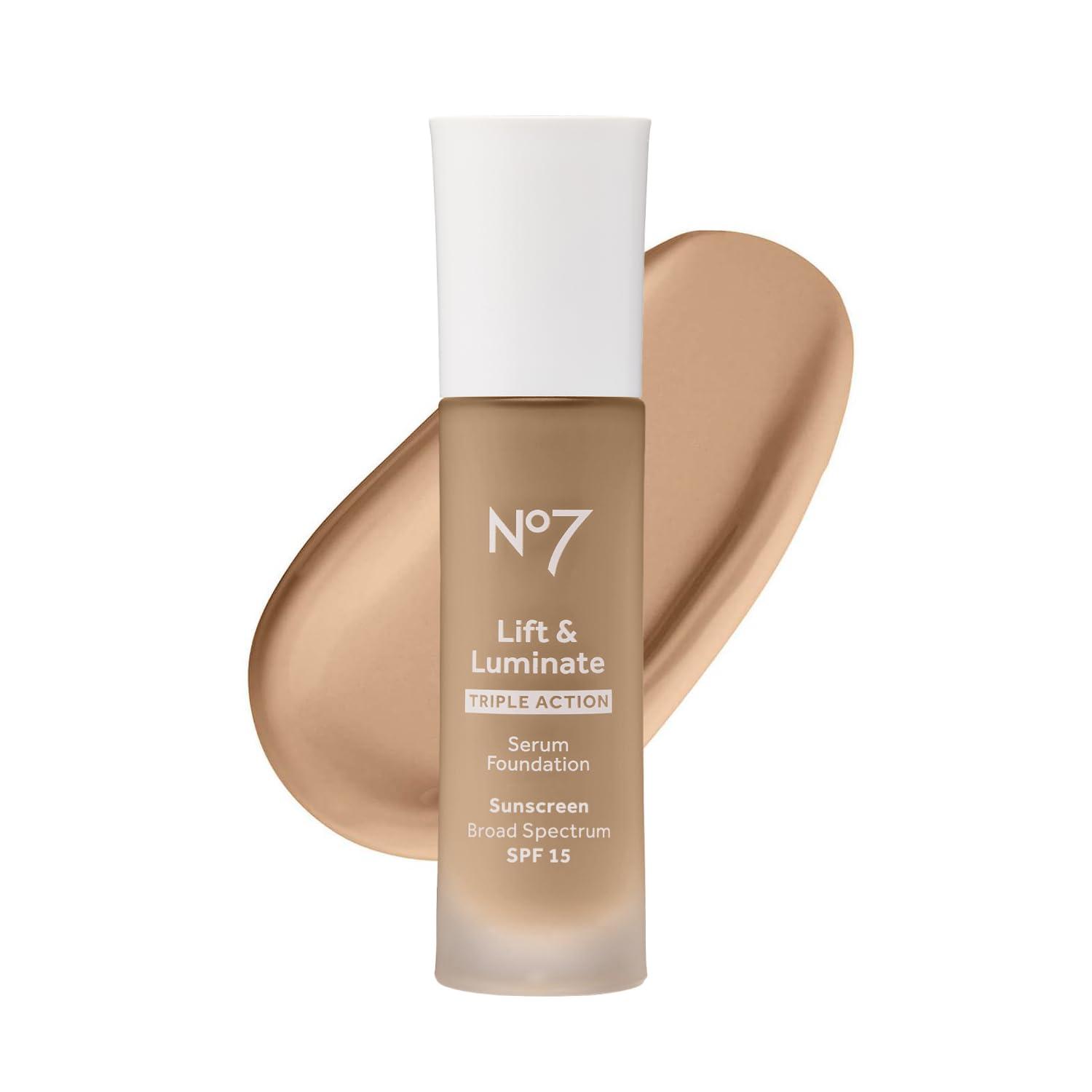 No7 No7 Lift & Luminate Triple Action Serum Foundation - Cashew - Liquid Foundation Makeup with SPF 15 for Dewy, Glowy Base - Radiant Serum Foundation for Mature Skin (30ml)