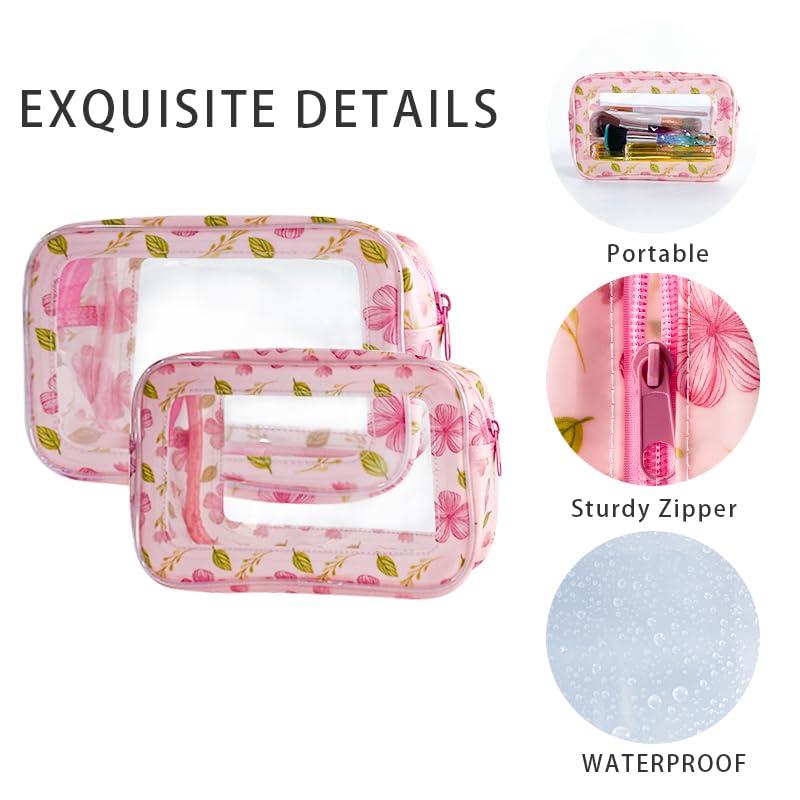 ONEART ONEART 2Pcs Clear Pink Floral Makeup Toiletry Bag Multipurpose Travel Carry Cosmetic Organizer Transparent Storage Bag