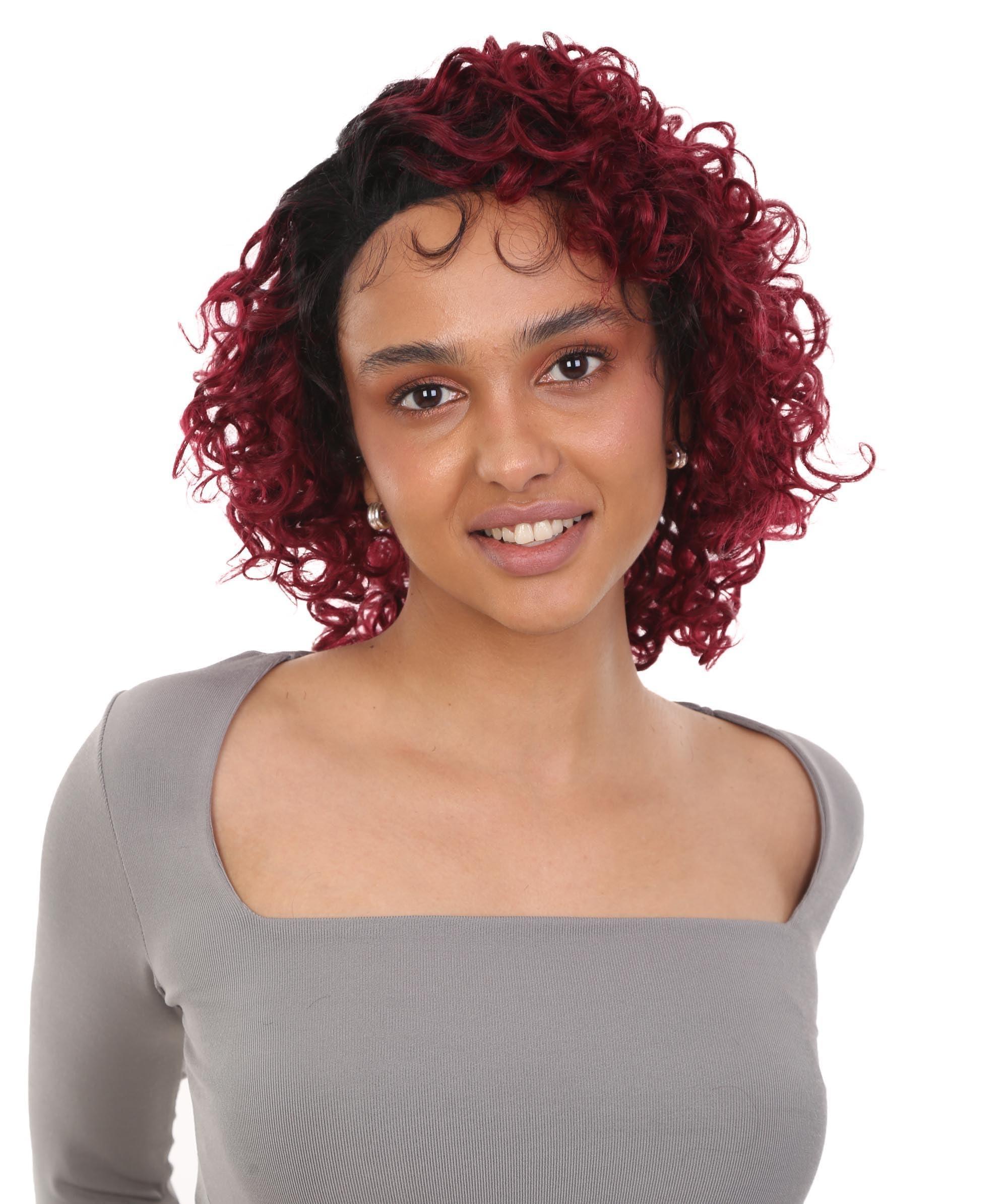 LUXLUXE LUXLUXE Lanelle Curly Jaw-Length Cut 11 in Long Side Part Wig, Heat Stylable Human Hair, BLH-0007 (Black to Red Blend)