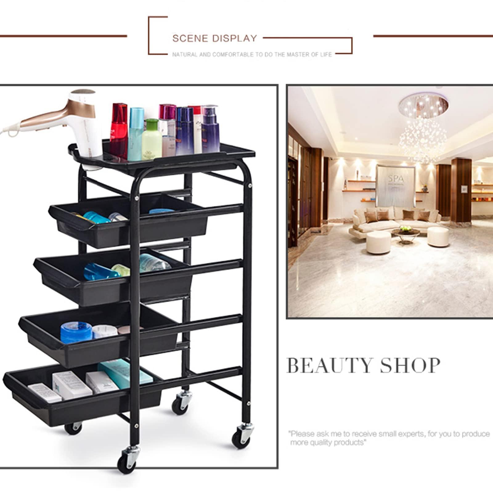QQXX 4/5 Tier Beauty Salon Rolling Trolley Cart,Hair Salon Trolley Cart with Lockable Wheels,Stylist Hairdresser Storage Tool Carts for Office Home,Classic Salon Rolling Storage Trolley(5 Tiers, Black)