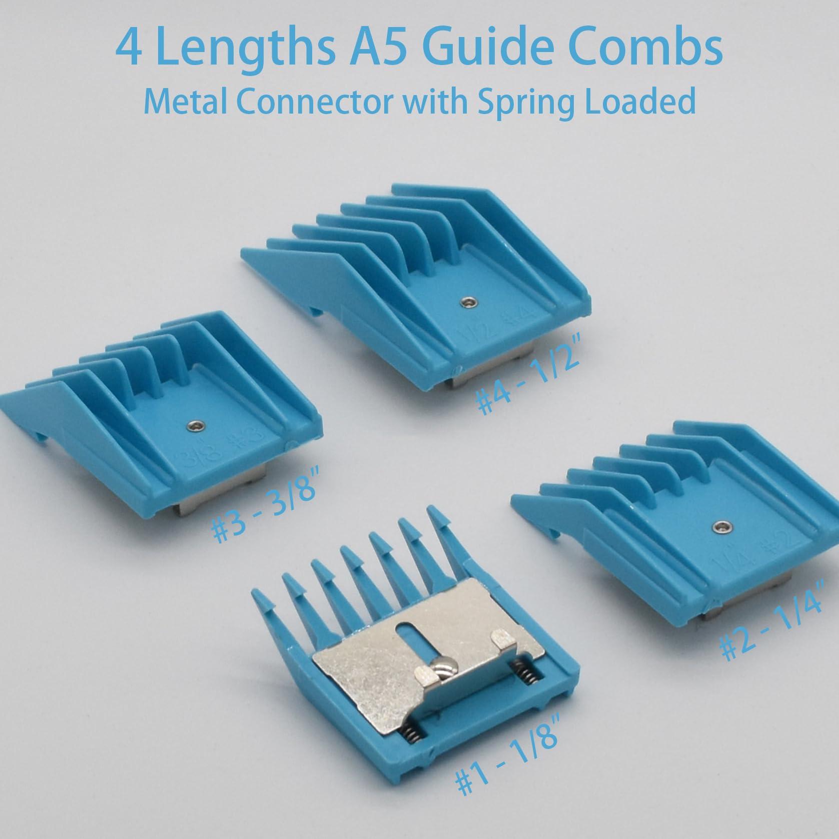 AIRERA 4 Pieces Professional A5-Style Animal Clipper Attachment Guard Guide Cutting Combs Set 76926-900, 1/8", 1/4", 3/8", 1/2", Compatible with Oster Classic 76 A5 Andis AG BG Wahl KM Pet Groomers (Blue)