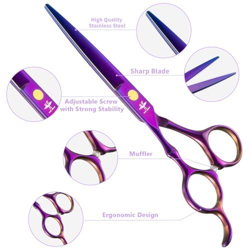 PURPLEBIRD PURPLEBIRD Hair Cutting Scissors Kit, Professional Barber Scissors Hairdressing Shears Set with Stainless Steel Hair Scissors Thinning Scissors for Men Women Pet 10 Pcs Purple