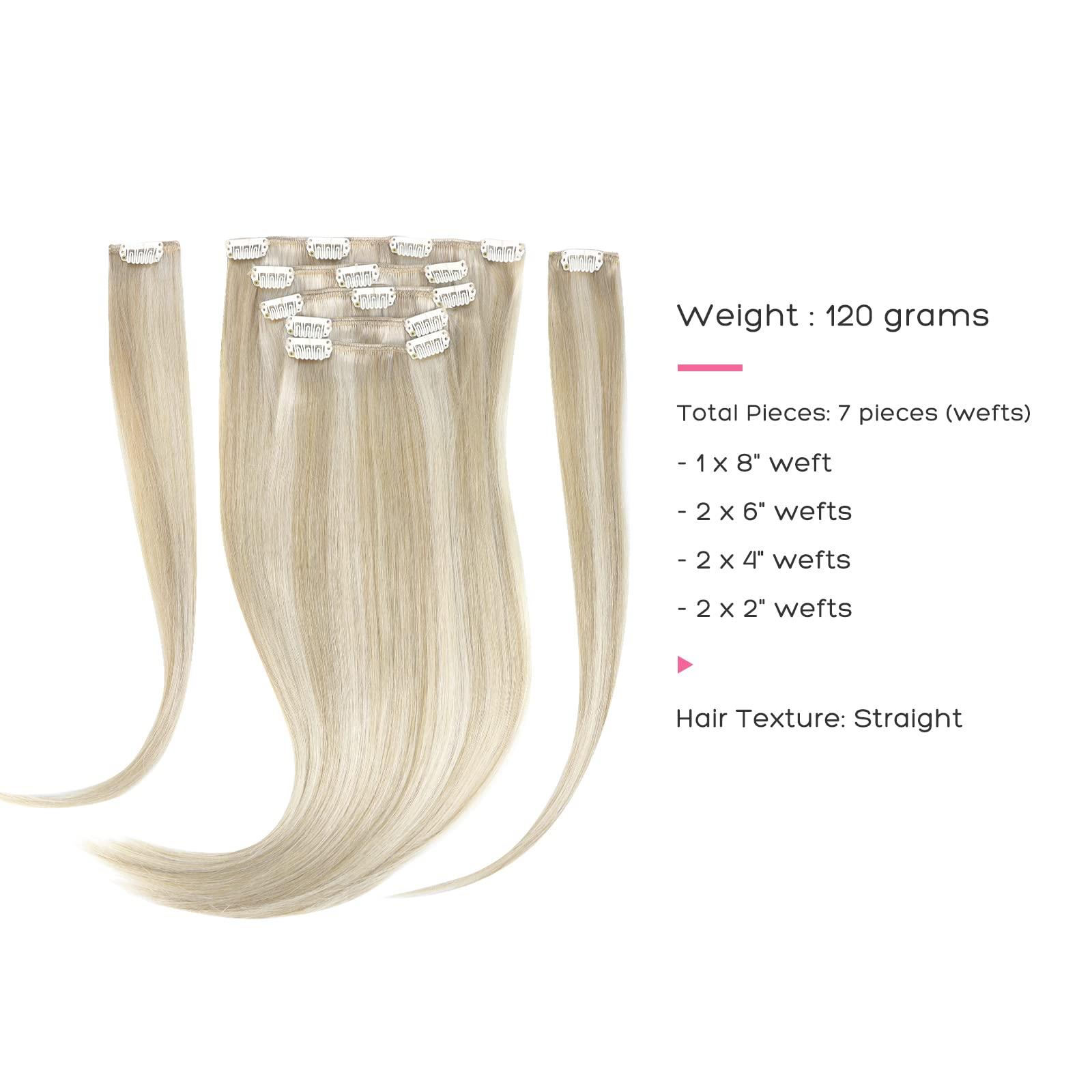 marat Marat Hair Extensions Clip in Human Hair, Ash Blonde Highlighted Platinum Blonde Clip in Hair Extensions 16 inch 120g Straight Clip in Hair Extensions Human Hair
