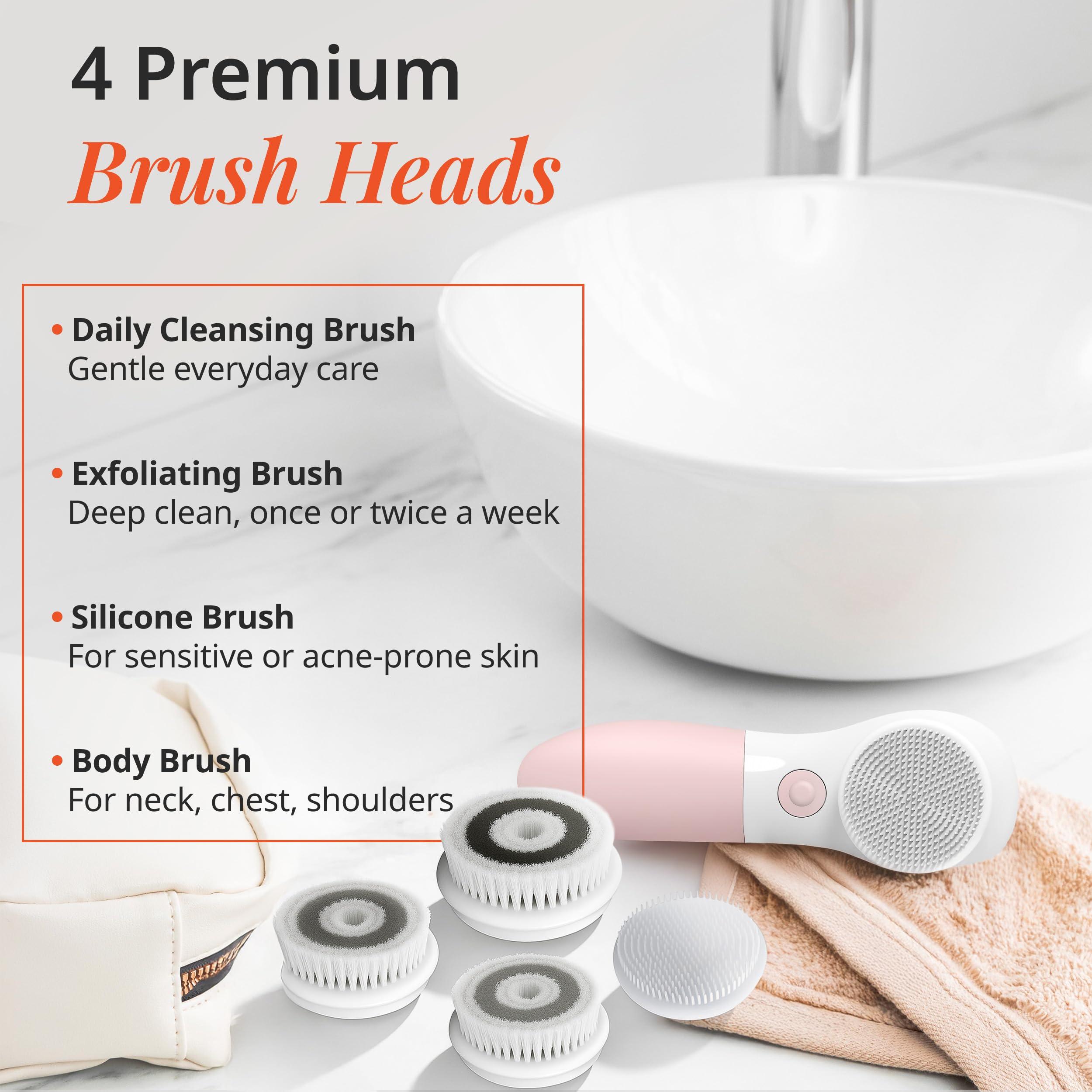 Vanity Planet Raedia Daily Facial Cleansing Brush with 4 Interchangeable Brush Heads by Vanity Planet - Handheld, Lightweight for Glowing Skin - Water Resistant Face Exfoliator - Dusty Pink