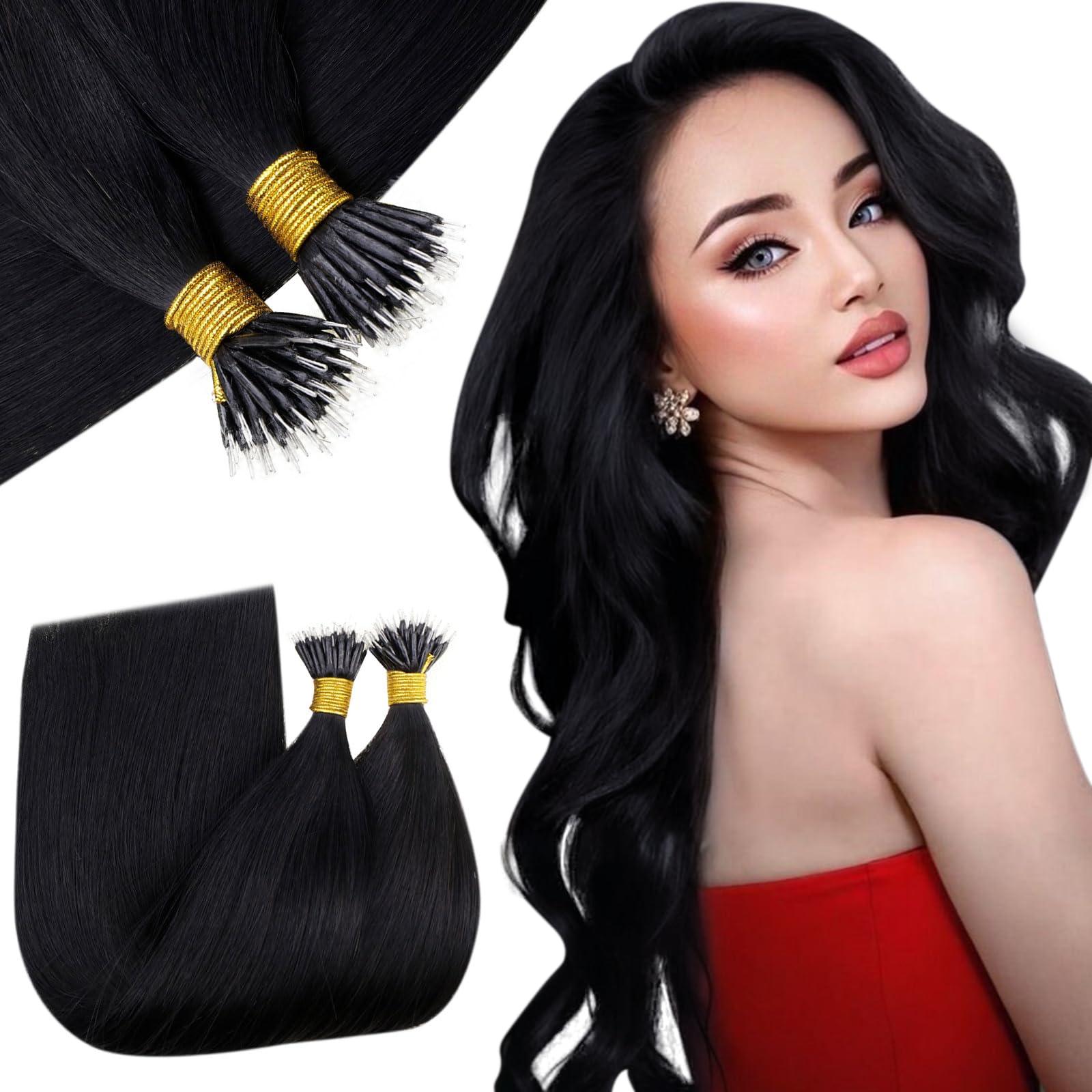 RUNATURE RUNATURE Nano Hair Extensions Human Hair 24 Inch Jet Black Nano Ring Hair Extensions Brazilian Straight Nano Bead Hair Extensions Human Hair Invisible Nano Human Hair Extensions Long 50g 50s