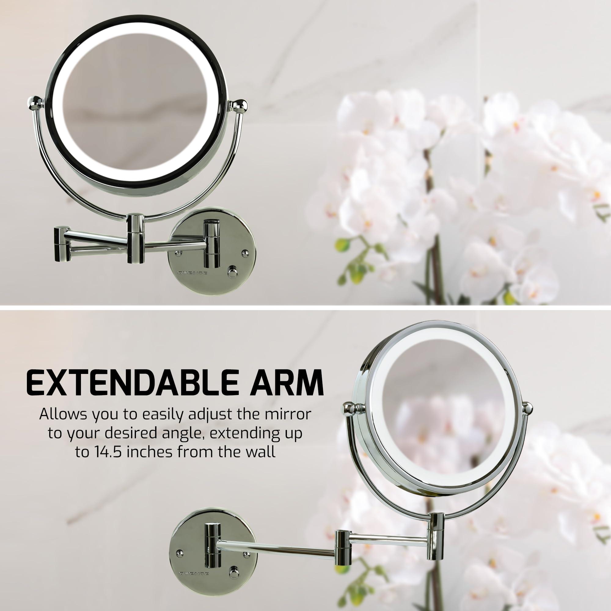 OVENTE OVENTE 9\" Lighted Wall Mount Makeup Mirror with 1X/7X Magnification, Double Sided Magnifying Vanity Mirror, LED Glow Light, 360 Swivel Design, Extendable & Folding Arm, Polished Chrome MPWD3185CH1X7X