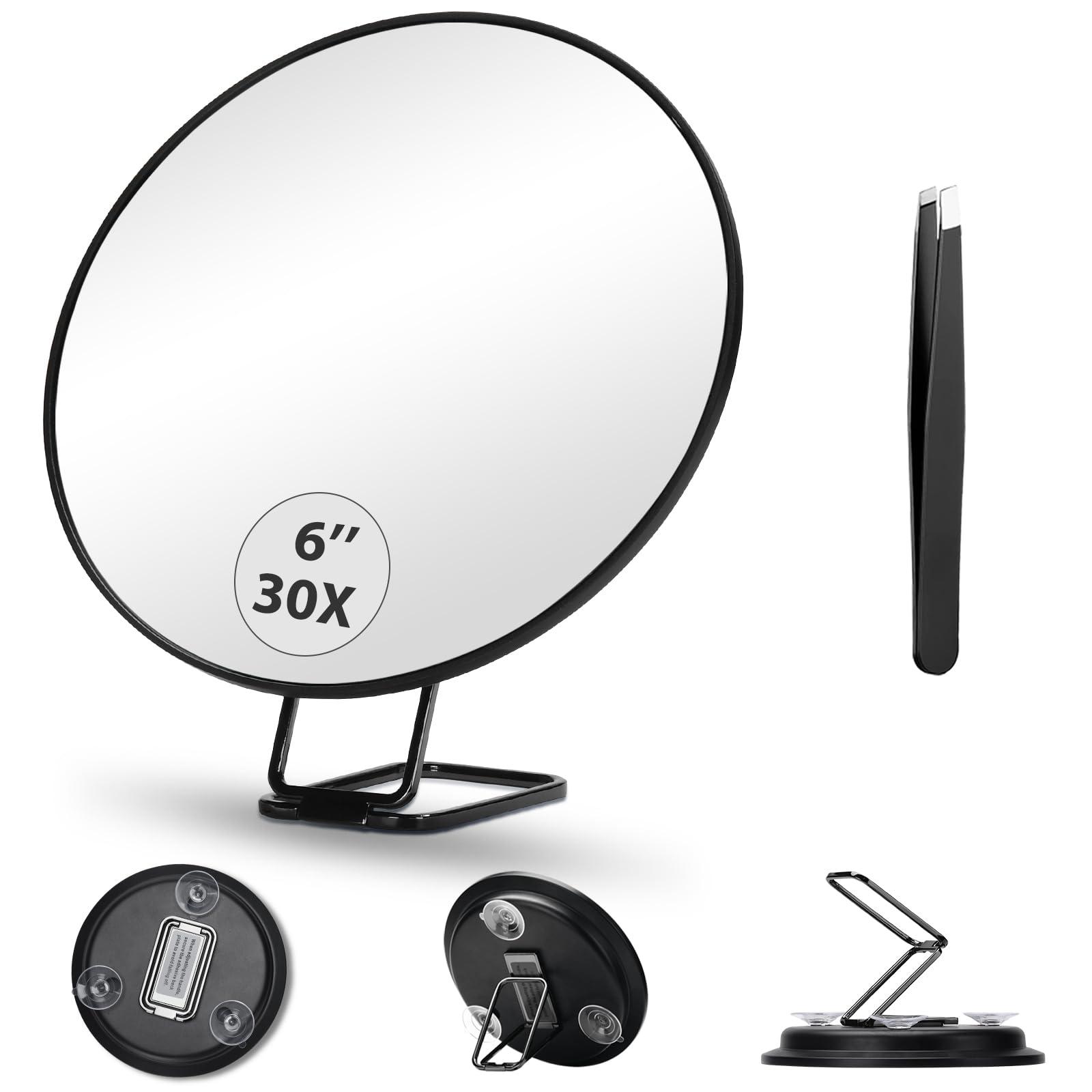 JJhxr 30X Magnifying Mirror, 6 Inch Large Makeup Mirror with 30X Magnification, Compact Makeup Magnifying Mirror, Round Magnifying Mirror with Handle for Travel Mirror, 3 Suction Cups, 360 Adjustable Stand