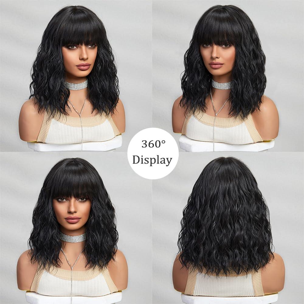 Haoland Short Black Hair Wig,Shoulder Length Bob Curly Wavy Black Wig With Bangs for Women, Charming Heat-resistant Synthetic Hair Wigs for Date Daily Use