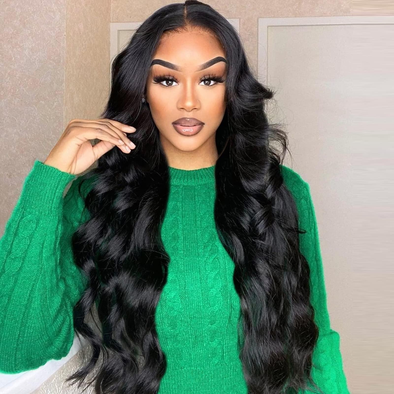 K'ryssma K'ryssma Black Synthetic Lace Front Wig Body Wave 180% Density Glueless Long Black Wig for Black Women T Part Black Wavy Synthetic Wig with Natural Hairline