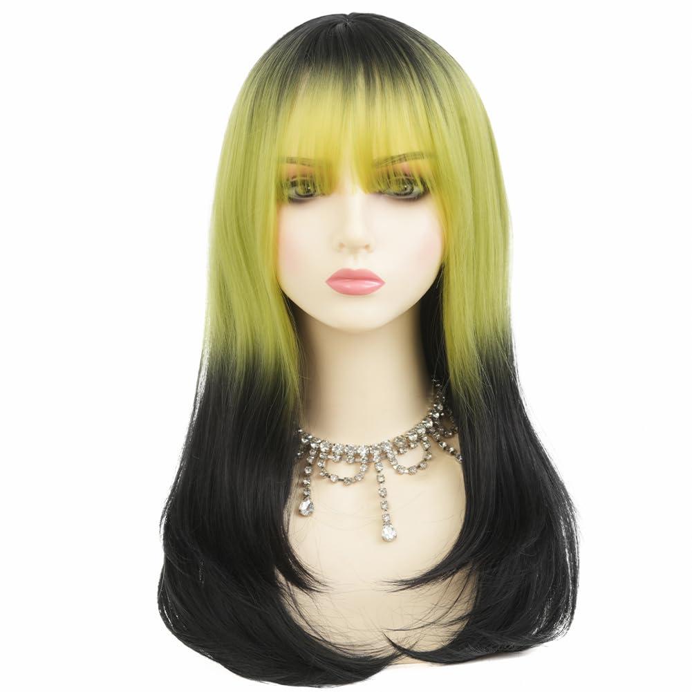 Dai Cloud Dai Cloud Womens Black to Green Long Straight Wig with Bangs Ombre Green Synthetic Natural Hair Wig for Daily Cosplay Halloween Use
