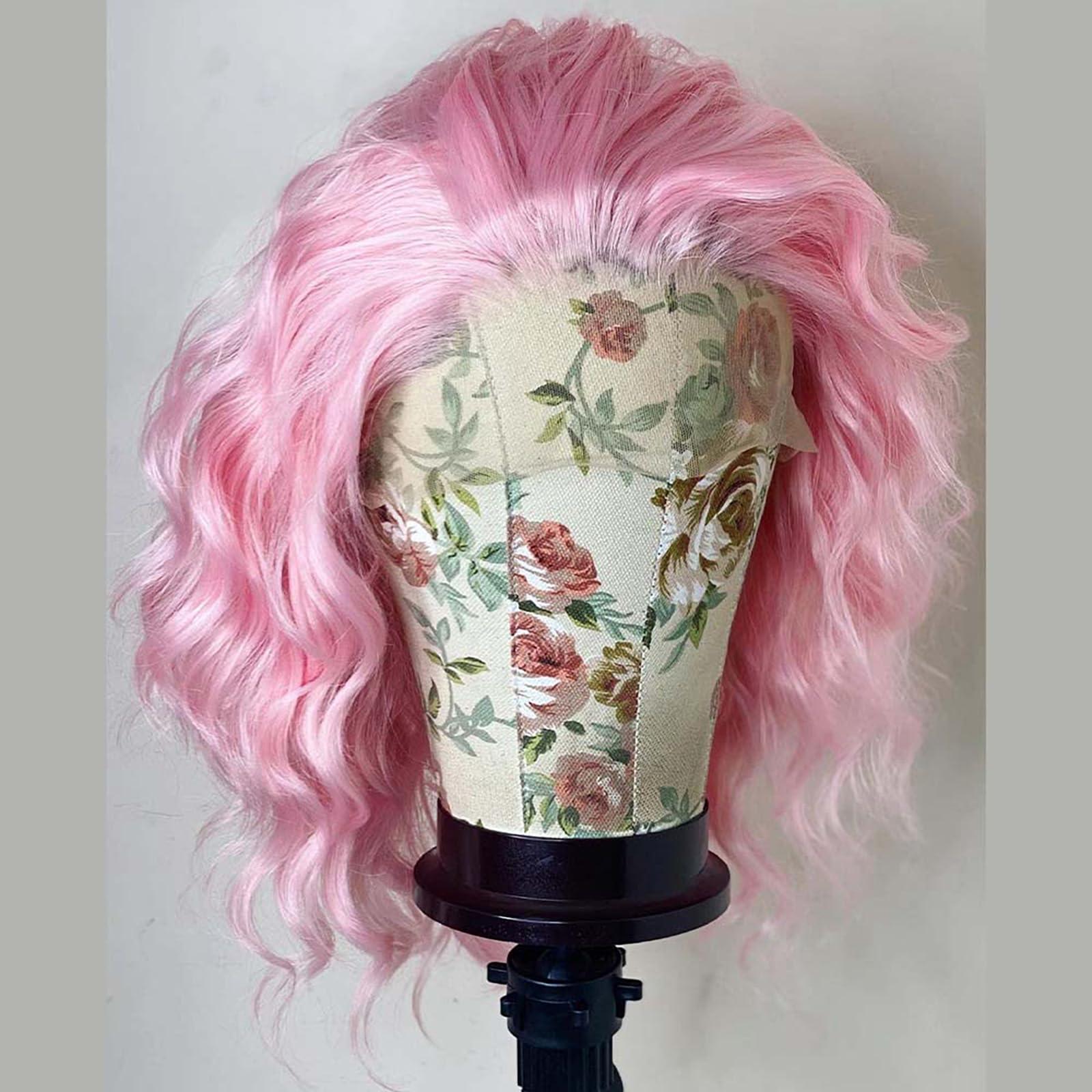 Imeya Imeya Pastel Pink Wig Short Curly Bob Wig Free Part, Synthetic Lace Front Short Pink Wigs for Women, Light Pink Short Bob Wig Heat Resistant Fiber Curly Wig for Daily Party Cosplay Costume