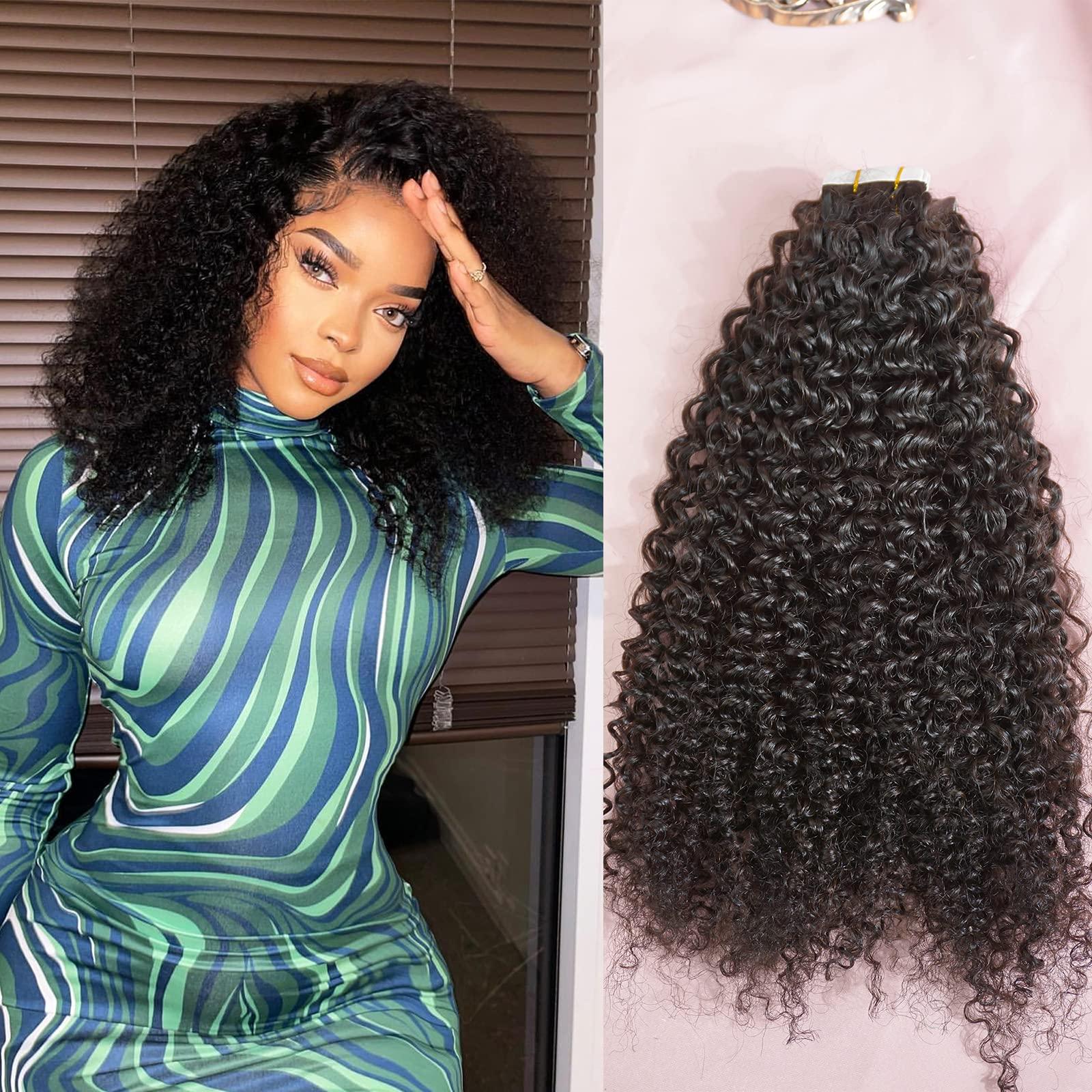 LANMINGO Kinky curly tape in hair extensions 40pcs tape ins for black women natural black real human hair 3c Afro kinky curly invisible strong tape on hair extension (26INCH)