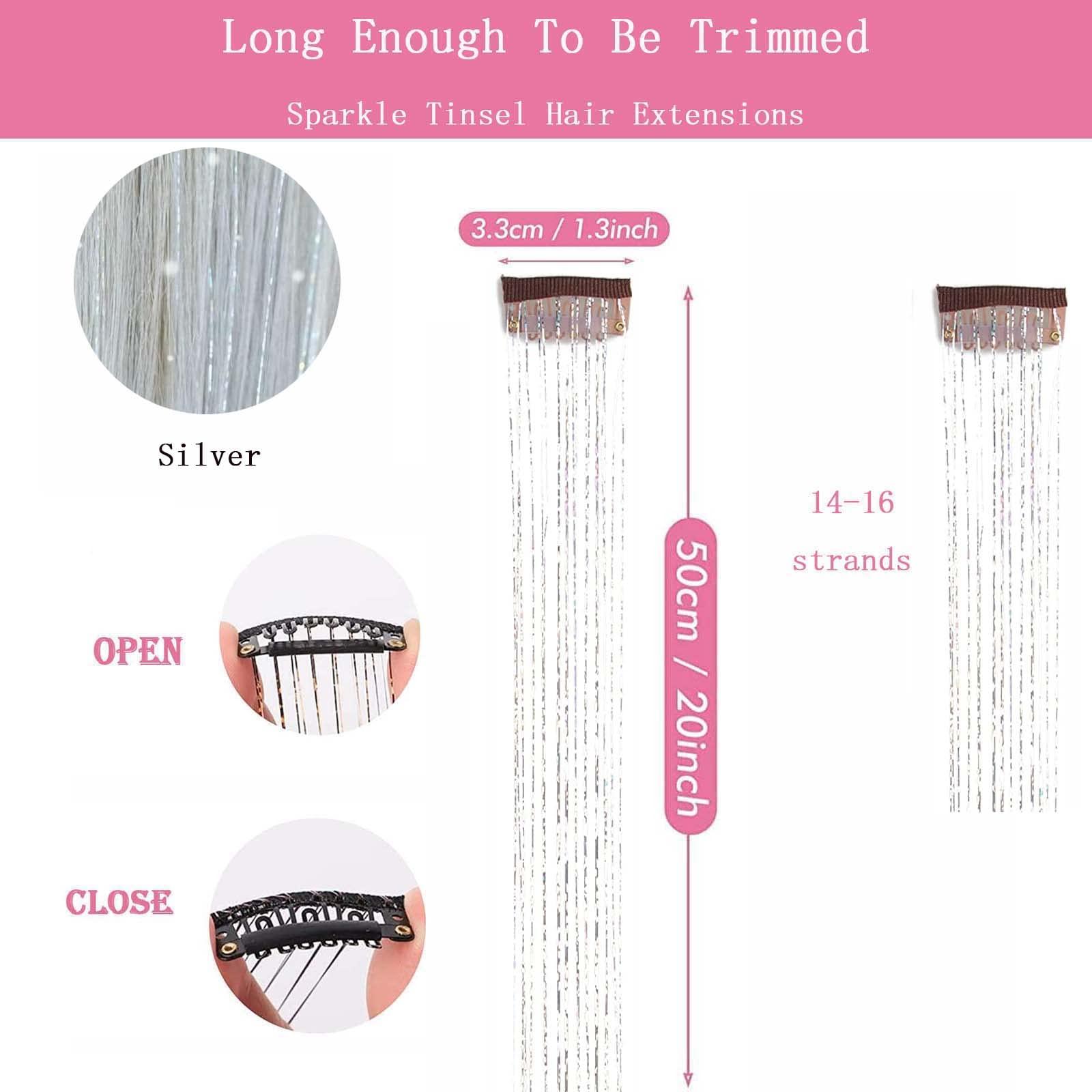 Luckyaisha Hair Tinsel Clip in Tinsel Hair Extensions Silver Fairy Glitter Hair Tinsel Kit for Women Heat Resistant 21.5In 6Pcs Festival Hair Accessories for Party, Christmas, New Year, Halloween, Cosplay