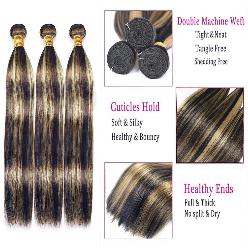 Hiaplame P1B/27 Human Hair Bundles Highlight Bundles Ombre Straight Human Hair Bundles Brazilian Unprocessed Virgin Hair Blonde Straight Bundles Hair Weave 12 14 16 inch