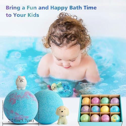 APETHS Bath Bombs for Kids with Surprise Toys Inside, Set of 12 XXL 3.5oz Large Bath Bomb Gift Set, Kids Safe Handmade Fizzy Balls Kit Organic Bubble Bath Bomb Great Gift for Birthday Day, Christmas