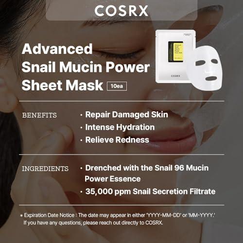 COSRX COSRX Snail Mucin Sheet Mask 10 EA with Snail Mucin Serum, Self Care, Face Masks for Dry, Sensitive Skin, Not Tested on Animals, No Parabens, No Sulfates, Korean Skin Care