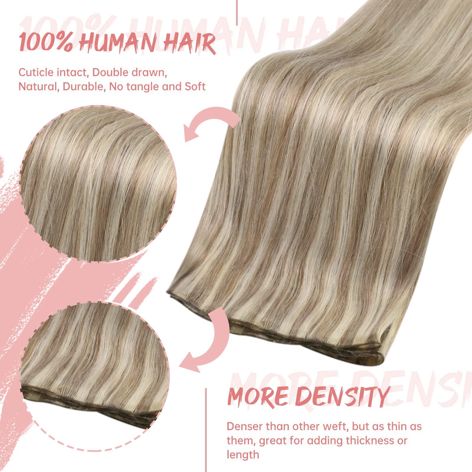 Fshine Fshine Hand Tied Genius Weft 14 Inch 50g Ash Blonde Highlighted Bleach Blonde Sew in Hair Extensions Remy Human Hair Weave Real Human Hair for Women Highlight Hair Genius Weft Natural Hair