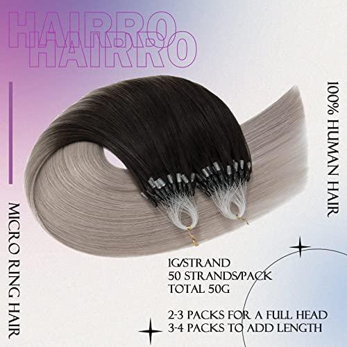 Hairro Hairro Microlink Human Hair Extensions Remy Ombre Micro Loop For Women Micro Bead In Hair Pre Bonded Cold Fusion Loop Hair 24 Inch 50g 50 Strands #1BTGREY Natural Black to Grey