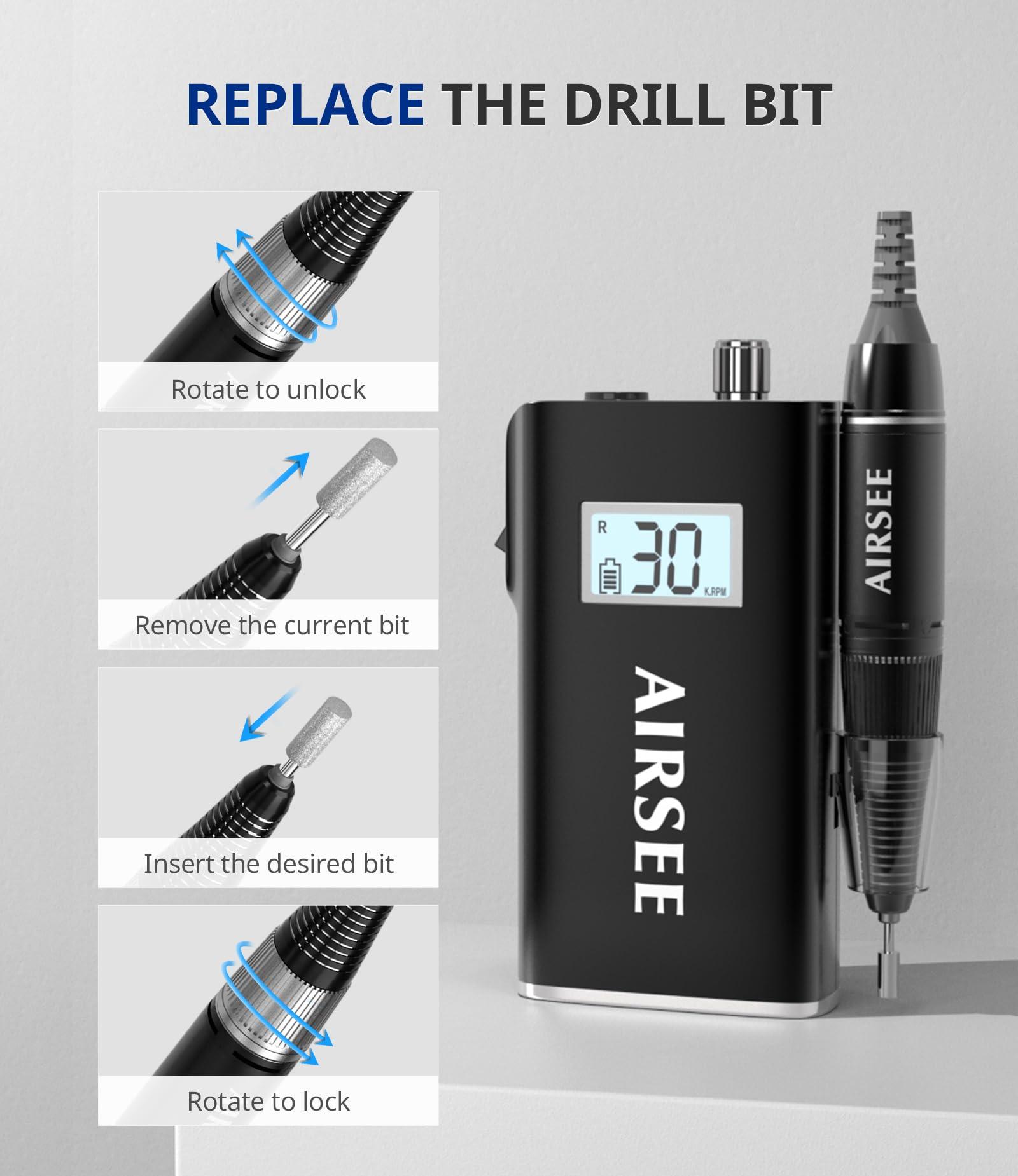 AIRSEE AIRSEE Rechargeable 30000RPM Electric Nail Drill E8 Black & AIRSEE Tungsten Carbide 5 in 1 Acrylic Nail Drill Bit Coarse-XC+C+M