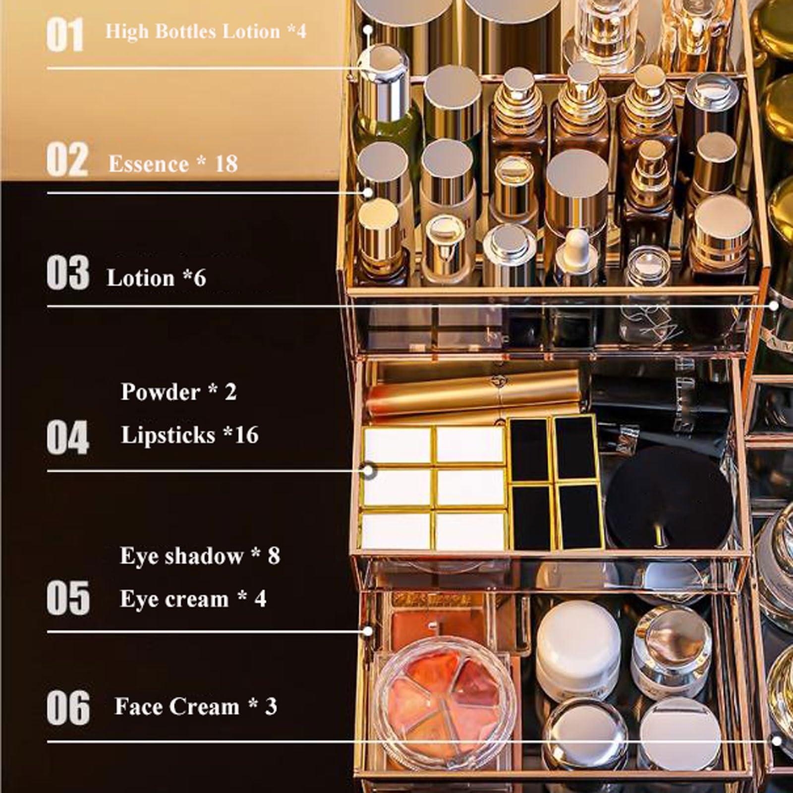 WAOCEO Makeup Organiser Storage Large Capacity Glass Makeup Organizer Storage Box, Luxury Make Up Case Dustproof Cosmetic Storage Display Box, Skin Care Products Jewelry Organizer Finishing Box Bathroom Desk