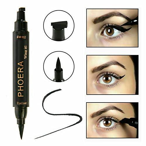 Phoera Phoera 2 in 1 Wing Cat Eye Liner + Stamp Winged Long Lasting Liquid Eye Liner Waterproof & Smudge proof Makeup Black Eyeliner Pen Winged Eyeliner Pencil - AQUAPURITY (THICK STAMP EYELINER)
